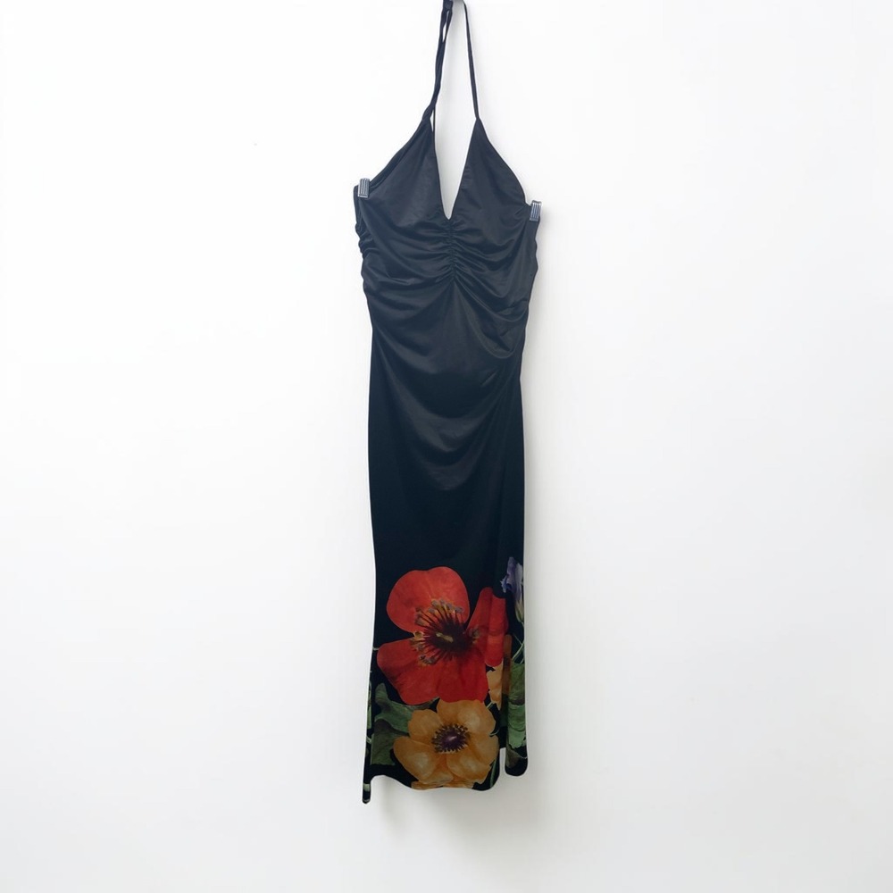 SHEIN Black Floral Hem Ruched Halter Maxi Dress Size 4 Small Bodycon Tropical